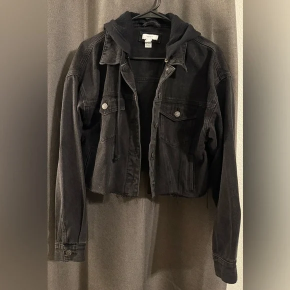 Forever 21 Black Denim Jacket with Hood - Picture 1 of 3